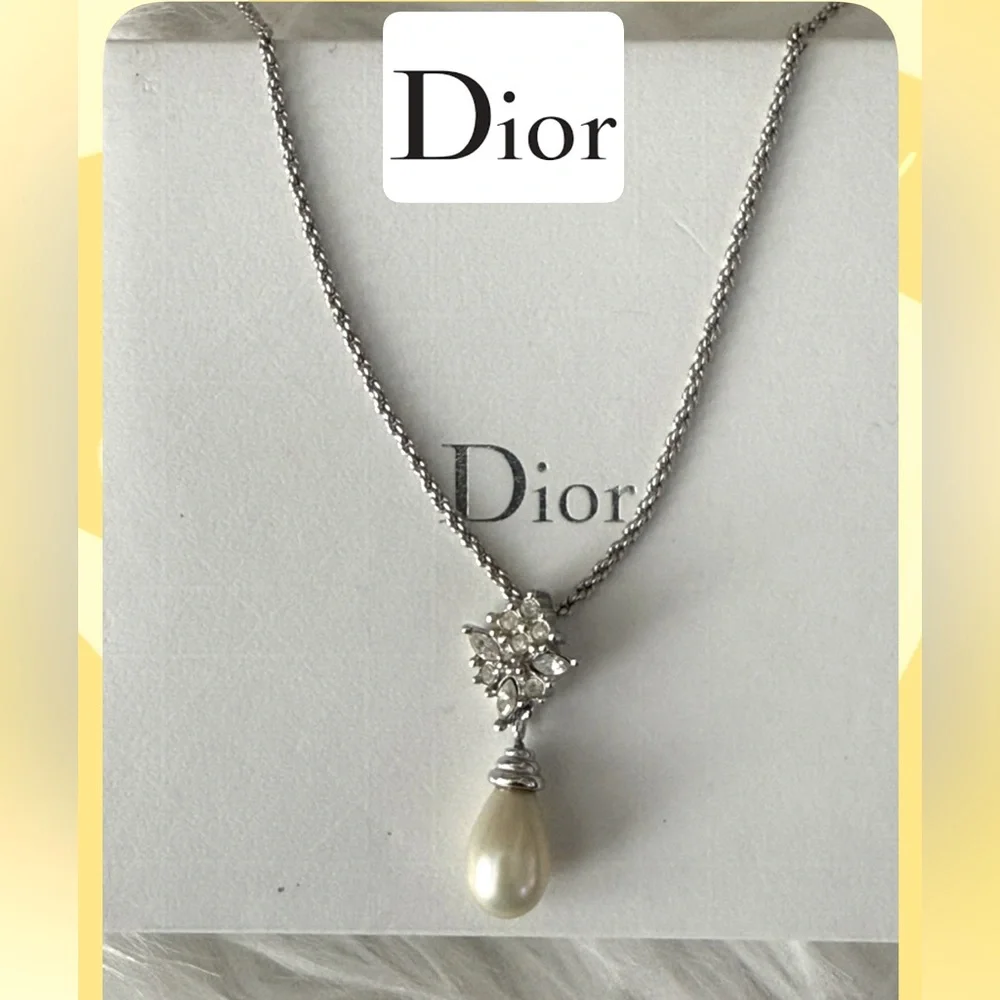 CHRISTIAN DIOR Pearl Rhinestone Silver Tone Necklace - Picture 7 of 7